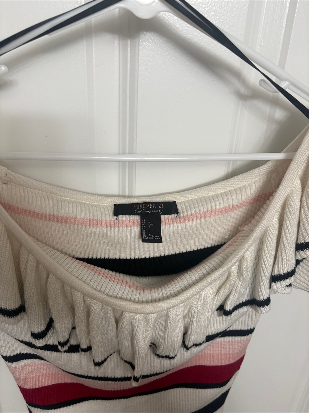 Forever 21 Cream Off-Shoulder Ribbed Sweater with Pink, Navy & Red Stripes